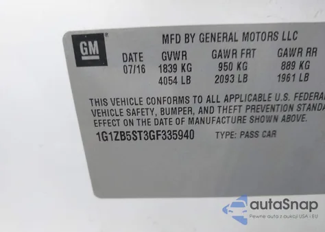 2016 Chevrolet Malibu Ls из США, поврежденный, VIN 1G1ZB5ST3GF335940